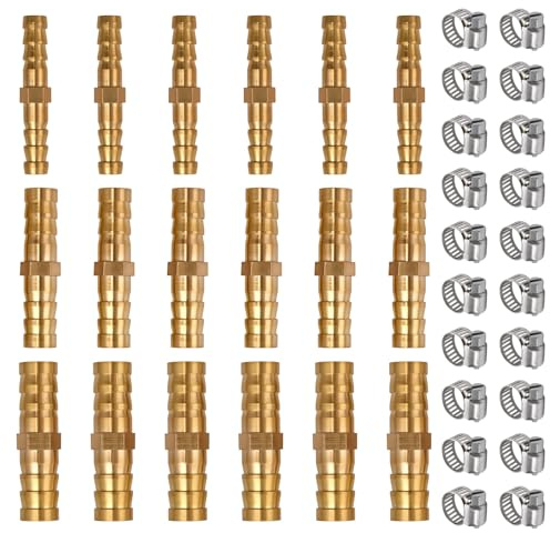 SPEEDWOX 18 pcs Barb Splicer Mender Hose Brass Fitting Barb Splicer Mender Kit Air Hose Repair Kit 1/4(6mm) 5/16(8mm) 3/8(10mm) with 20 pcs Stainless Steel Pipe Clamps for Water/Fuel/Air/Oil