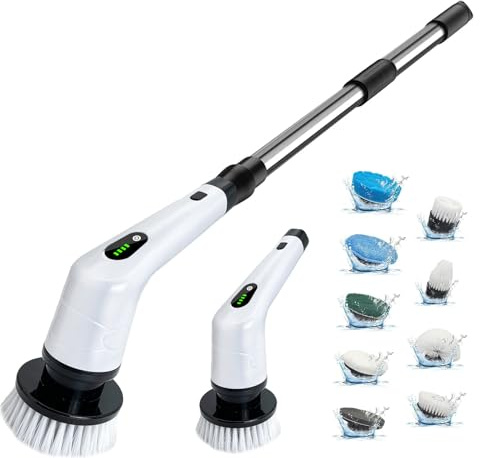 Elektrische Reinigungsbürste, 8-IN-1 Electric Spin Scrubber Schnurlos, Elektrische Putzbürste mit Verstellbarem Griff für Bad, Küche, Fliesen, Böden, Auto