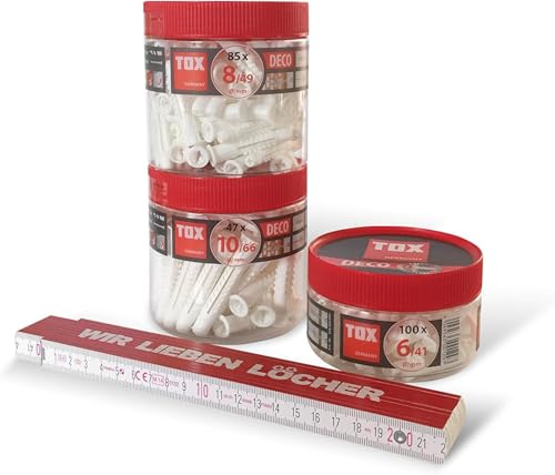 TOX Allzweckdübel mit Kragen Deco Ø 6 mm Ø 8 mm Ø 10 mm + TOX Meterstab M, Dübel für fast alle Baustoffe, Bundle 4 tlg., 1 Stück, 01619112