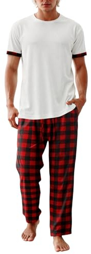 Generisch Pigiama da uomo in due pezzi, a quadretti, pantaloni e magliette lounge Set morbido pigiama con collo rotondo e pantaloni da notte