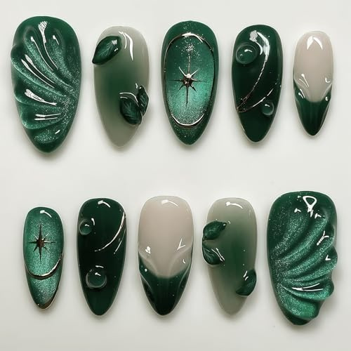 Vesavifaka 24 Stück Grüne Press on Nails Mittel Almond Fake Nägel mit 3D Grüner Wellenmuster Design, French Nägel zum Aufkleben mit Blätter Muster, Y2K Wiederverwendbare DIY Nägel für Frauen