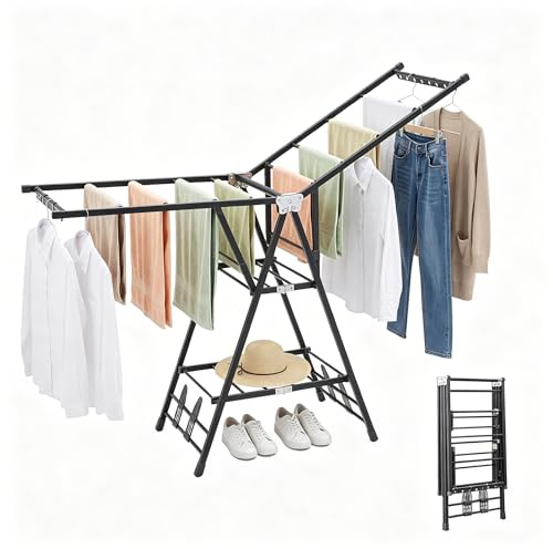 Panana Foldable Clothes Drying Rack, Adjustable Winged Clothes Horse Airer | Free-Standing Laundry Drying Rack,Towel Rail Indoor and Outdoor Use,Black