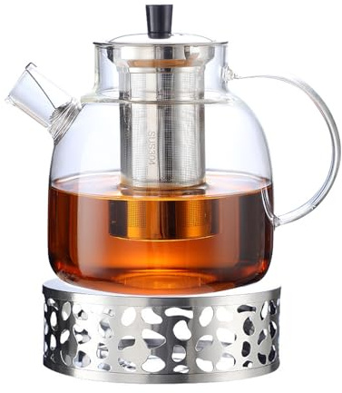 Shuqio Glasteekanne mit Heizstövchen & Siebensatz – 1500ML Hitzebeständiges Teeset aus Klarem Glas mit Edelstahl-Teesieb, Ideal für Teeservice zu Hause oder mit Freunden