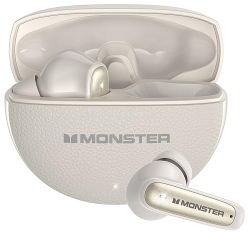 Monster N-Lite 310 True Wireless Earbuds, Bluetooth 6.0 Headphones Deep Bass, Earbuds with ENC Noise Cancelling Mic for Clear Calls, 32H Playback, Bluetooth Earbuds for Laptop/Phones/Sports, White