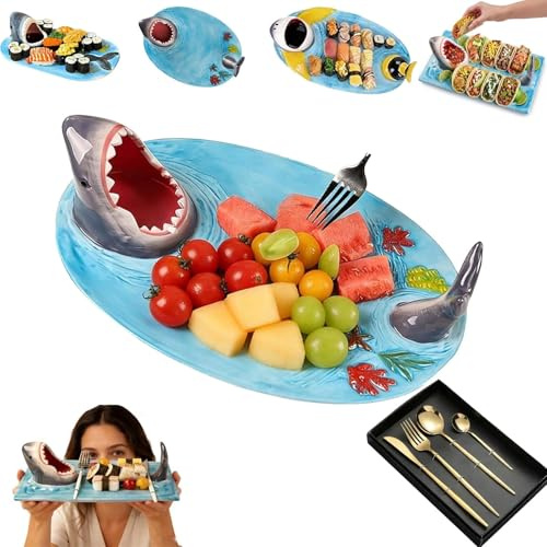 Shark Charcuterie Board, 3 In1 Shark Sushi Plate with Dipping Sauce Bowl, Funny Handmade Ceramic Shark Taco Holder, Ndles Up to 1300°c Safely, Microwave, Oven and Dishwasher Safe(Style2,1PC)