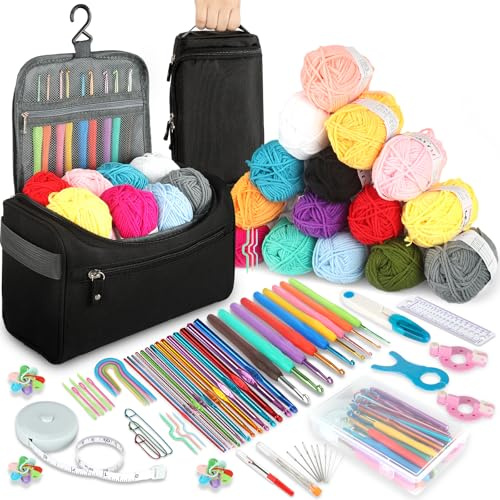 193 Pezzi Kit Uncinetto Principianti,set di uncinetti con 15 lana,Kit Principianti,accessori all'uncinetto,uncinetti ergonomici con manico morbido e ago in metallo, 2,0 – 10 mm, pratici