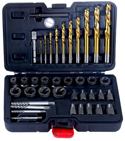 CCLIFE Schraubenausdreher Set Titan beschichtet M5-M16 defekte Schrauben | 40tlg beschichtetes Extraktor-Set zum Entfernen verrosteter, abgerundeter Schrauben für Auto und Maschinen