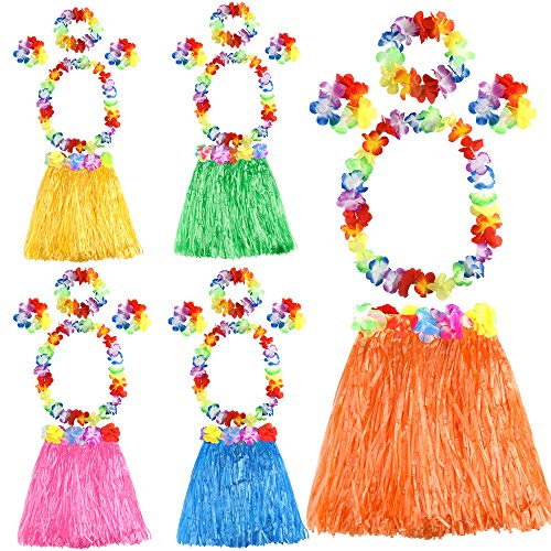 FEPITO Hawaiian Grass Hula Skirts Sets Include Flower Leis Necklace Headband Bracelets Luau Skirts for Kids Hawaii Costume Tropical Luau Birthday Party Supplies