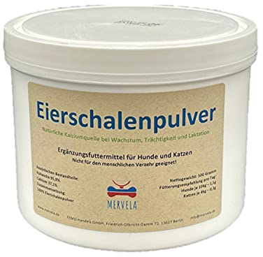 MERVELA Poudre de coquille d'œuf pour chien | 500 g | Poudre de protéines | Coquilles d'œufs moulues | Calcium pour chiens et chats | Coquille d'œuf | 100 % naturel | Complément alimentaire pour chien