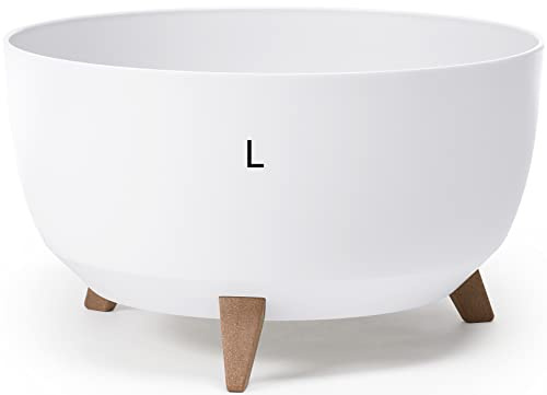 MELTOM Blumentopf mit Füßen aus Kunststoff Schale mit Einsatz, Farbe Weiß, H: 25 cm, D: 40 cm, Größe L | Kunststoff matt, Füße in Holzoptik, Höhe 25 cm, Standfläche Ø 25,5 cm, fester Zwischenboden, Gummistopfen zum Ablassen