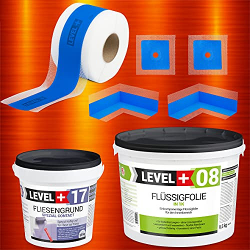 Dicht-Set 9,5kg Flüssigfolie, 1,5kg Fliesengrund, 5m Dichtband, 2 Innenecken, 2 Wandmanschetten, Dusche, Bad, SET336