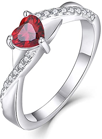 YL förlovningsring hjärta 925 sterlingsilver 12 födelsesten zirkonia kors oändlighet solitaire vigselring för brud kvinnor, Sterlingsilver, Rubin