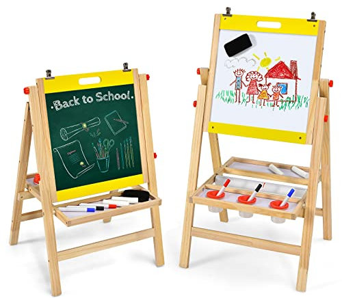 DREAMADE Chevalet pour Enfants 3 en 1 Pliable en Bois, Double Face Tableau Noir/Tableau Blanc, Hauteur Réglable à 5 Niveaux 79-104 cm, Tableau à Dessin avec Plateau de Rangement (Bois, Jaune)