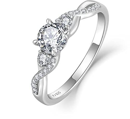FJ Engagement Ring for Women 18K White Gold Plated 925 Sterling Silver Promise Ring Anniversary Wedding Proposal Ring Eternity Ring for Her (Size P)