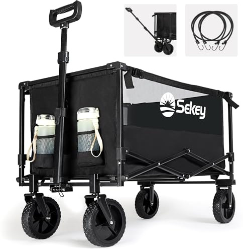 Sekey Folding Festival Trolley with 330LBS Large Capacity, Heavy Duty Camping Beach Wagon, Removable All-terrain Wheels, Collapsible Cart with Adjustable Handle & Drink Holders, Black