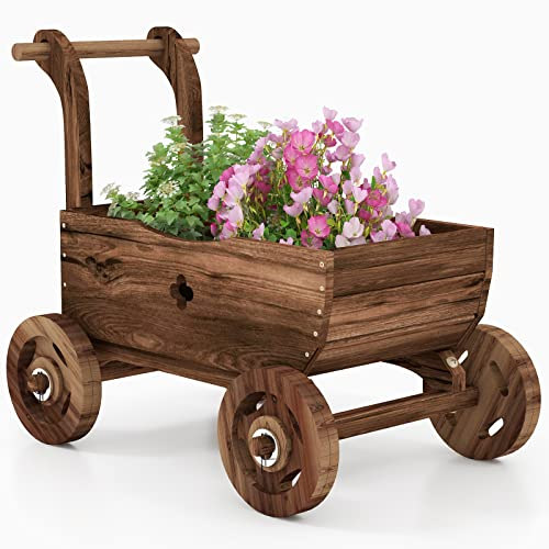 RELAX4LIFE Pflanzwagen Holz, Pflanzschubkarre mit Griffen & Rädern, Blumenwagen mit Abflusslöchern, Blumenkarre Vintage, Gartendeko für Garten Hinterhof Balkon (Modell 1)