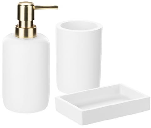 Navaris Badezimmer Set 3-teilig - dekoratives Badzubehör inkl. Zahnputzbecher Seifenspender Seifenschale - Bad Accessoires aus Kunstharz - Weiß