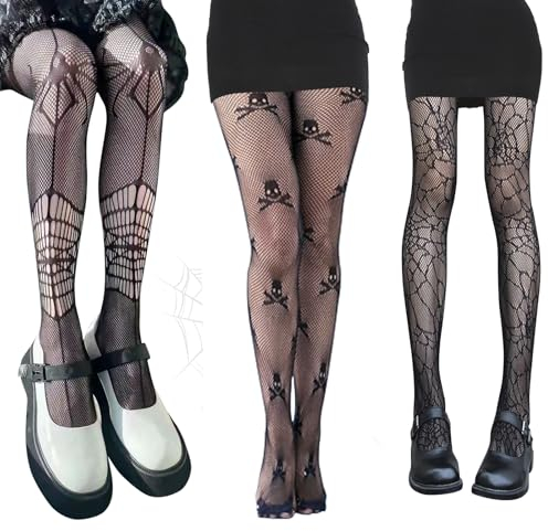 Leonshco 3 Paar Halloween Netzstrumpfhose Schwarz Fishnet Stockings Totenkopf-Spinne Nylonstrümpfe Damen Weihnachtliche Trumpfhosen Mesh-Socken Hexe Vampir Rave Mottoparty Halloween-Kostüm-Zubehör
