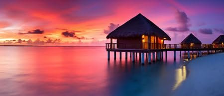 Acryl-Bild 70 x 30 cm: Wasserbungalows am Strand bei Sonnenuntergang. 3D-Rendering (211541179)