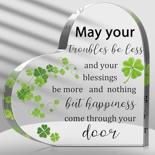 St Patricks Day Decorations, Irish Blessing 4 Leaf Clover Decor Lucky Irish Gifts St Patricks Day Shamrock Tabletop Centerpiece Gift for Desk Table Office Home Women Mom(May Your Troubles Be Less)