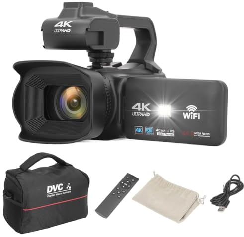 ASHATA Caméscope Vidéo 4K, Caméra de Vlogging Ultra HD 64 MP, Zoom Numérique 18x, écran Tactile de 4 Pouces, Enregistreur avec Nuit, Microphone, Lumière D'appoint, Télécommande