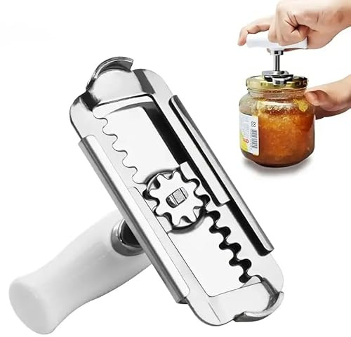 CHEFZOCO Abrelatas ajustable giratorio, Abridor de tarros ajustable, Abrelatas Manual, Abridor de frascos con mango giratorio, Apto para tarros de 3 a 9.5 cm, Acero inoxidable, Mango Plástico