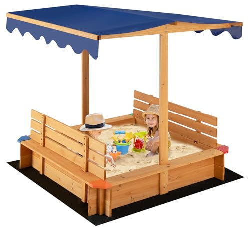 COSTWAY Kids Sandbox, Wooden Square Sandpit with Canopy, Built-in Bench Seat, Bottom Liner, Outdoor Sand Box for Backyard Garden Beach