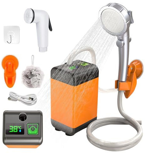 Campingdusche Akku mit Pumpe 6000mAh, Tragbare Camping Dusche mit Wiederaufladbar Pumpe & Mobile Duschen Duschkopf & Schlauch, Wasserdicht Dusche Pumpe für Camp Garten Auto Pet Hundedusche