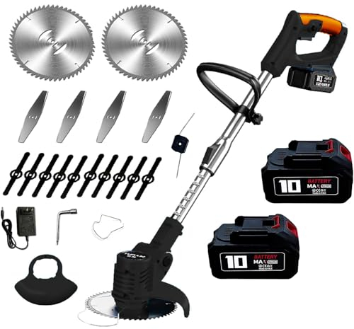 MOKEKA Decespugliatore a Batteria, Tagliaerba a Batteria con 2 Batterie, Tagliabordi Elettrico Senza Filo, Decespugliatore Elettrico, Testata Regolabile e Maniglia Telescopica, con 4 Tipi di Lame Nero