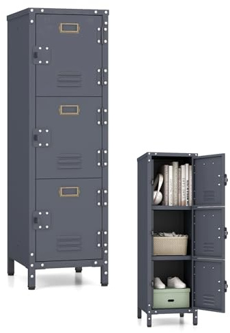GIANTEX Garderobenschrank mit Riegeltür, Aufbewahrungsschrank aus Metall, mit Umkippschutz, 3 feste Regale, Schließfachschrank für Büro, Schule, 30 x 35 x 100 cm