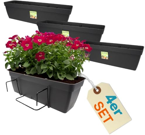 GarPet 4er Set Blumenkasten Balkongeländer Balkon Blumenkasten Balkonkasten mit Halterung Balkonkasten Geländerkästen mit Wasserspeicher 60 cm