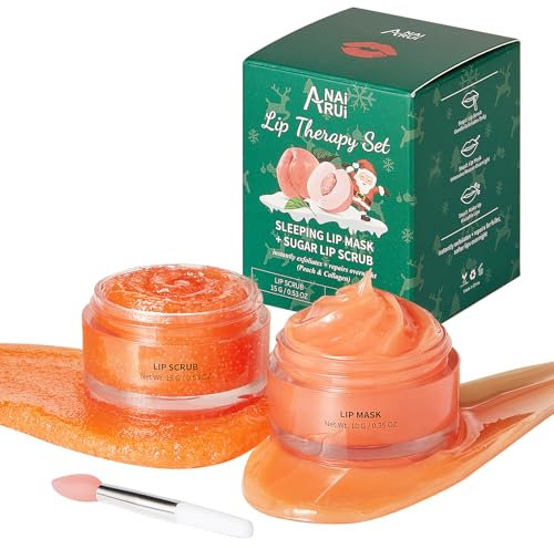 ANAiRUi Lip Mask & Lip Scrub Set, Peach + Collagen Lip Care Gift Kit for Christmas Day - Overnight Lip Mask and Lip Exfoliator Scrub, Lip Treatment Balm for Dry Cracked Peel Lips Lip Lines