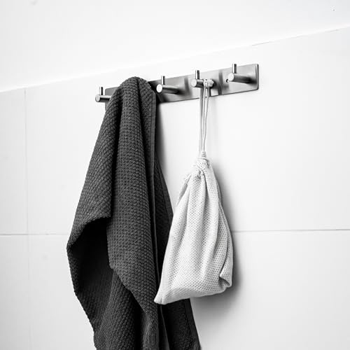ELMOWO - Edelstahl Hakenleiste mit 5 Haken ohne Bohren selbstklebend inkl. Spezialkleber (extrem sicherer Halt) Für glatte Oberflächen - Aufhängeleiste für Bad, Küche, Flur oder Schlafzimmer (silber)