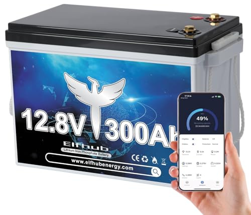 Elfhub LiFePO4 12V batteri på 300Ah med skydd för låga temperaturer, BMS, och 3 000–15 000 laddningscykler, 3840 Wh-litiumbatteri för husbil, solcellsanläggning, båtar, hushåll, solpanelssatser
