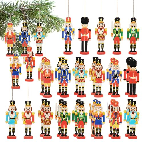MAGICLULU 36Pcs Christmas Nutcracker Ornament Set Wood Hanging Nutcrackers Wooden Soldiers Miniature Figures for Christmas Tree Hanging Wood Crafts