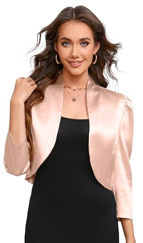 KOJOOIN - Bolero elegante da donna, giacca corta festiva, blazer in maglia, giacca a spalla con maniche a 3/4 per l'abito (imballaggio MEHRWEG), Champagne, M