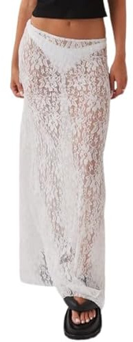 ensswliz Women Lace Long Skirt High Waist See Through Midi Skirts Summer Elegant Beach Party Slim Fit Maxi Skirts (A-White, S)