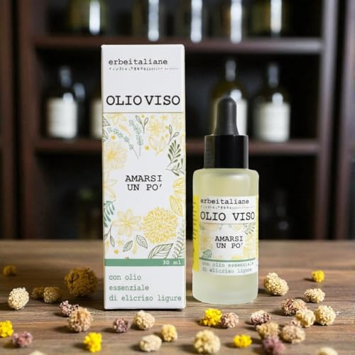 Olio Viso Amarsi un po', delicato con prezioso olio di Elicriso coltivato e distillato in Italia e arricchito con olio di avocado, argan ed estratti di fiori