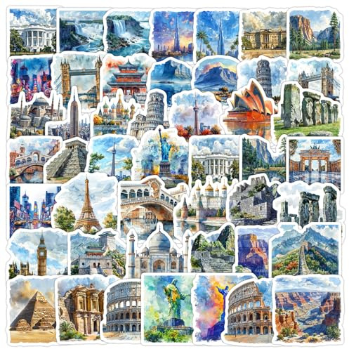 Aquarell Landmark Architektur Aufkleber 50 Stück Vinyl Funny Travel Sticker für Wasserflaschen Laptop Skateboard Scrapbook Fahrrad Gepäck,Wasserdicht Trendy Retro Sticker für Erwachsene Teenager