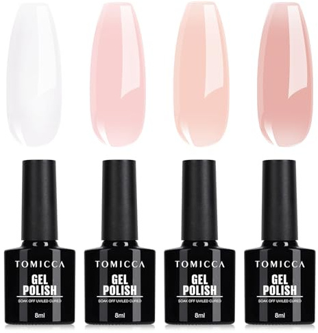 TOMICCA 4Pcs Gel Nail Polish Set, Jelly Nude Pink Milky White Rose Gel Nail Polish, Sheer Nude UV/LED Soak Off | True-to-Color Translucent Nail Varnish, Salon & Home DIY Kit