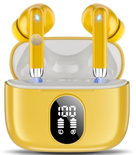 QXQ Écouteurs Bluetooth 5.4, 2025 Nouveau Ecouteurs sans Fil avec HiFi Stéréo, 40H Mini Oreillette sans Fil ENC Réduction Antibruit Mic Casque Bluetooth, IP7 Étanche Ecouteurs Jaune, pour Android iOS