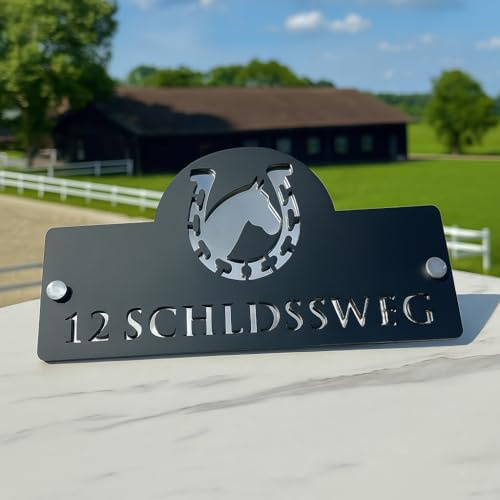 Numéro de maison flottant personnalisé – Plaque de porte moderne découpée au laser avec motif fer à cheval, noir mat et acrylique argenté