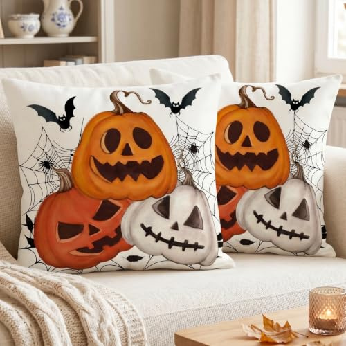 Luzzxfa Spinnennetz Jack-o'-Lantern Happy Halloween Kissenbezug 40x40 cm 2er Set Schläger Kissenbezüge Sofakissen Samt Kissenhülle Dekorative Kissen für Garten Parteien Wohnzimmer Bett Studie