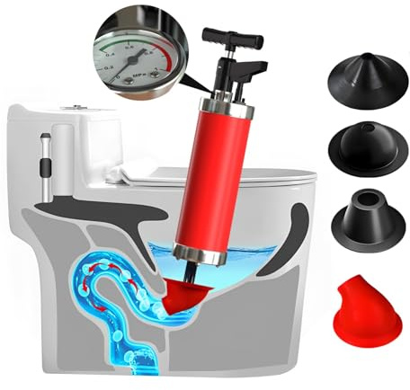 Qcesorib Stantuffo per WC ad Aria Compressa, Pompa Stura Scarichi con Barometro, Sturalavandini a Pressione con 4 Ventose, per Disintasare WC, Lavello, Vasca, Scarico a Pavimento