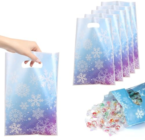 Schneeflocken Geschenktüten 50 Stück – blaue Winter Tragetaschen mit Griff, wiederverwendbare Goodie Bags für Süßigkeiten, Kekse & kleine Geschenke, Geschenkbeutel für Weihnachten & Winterparty