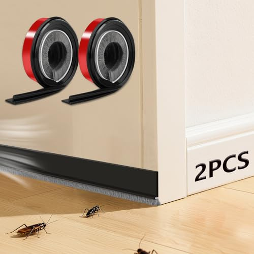 Lot de 2 Joints Brosses Autoadhésifs pour Portes, 100 cm x 3 cm, Poils Noirs sur Base Rouge, à Découper sur Mesure