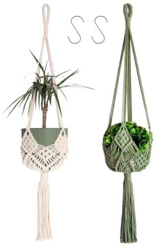 Dakuailo Makramee Blumenampel 2er-Set, 89 cm, Beige und Grün | 2 handgeknüpfte Makramee-Pflanzenhänger in Beige und Grün für Blumentöpfe, Balkon, Terrasse und Wohnbereich