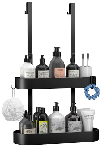 MEIJO Duschregal Zum Hängen Duschablage Ohne Bohren Schwarz Badezimmer Organizer Duschkorb Shampoo Halterung Dusche Duschablage Zum Hängen mit 4 Haken Für Badezimmer Rahmenlos Glastür Küche