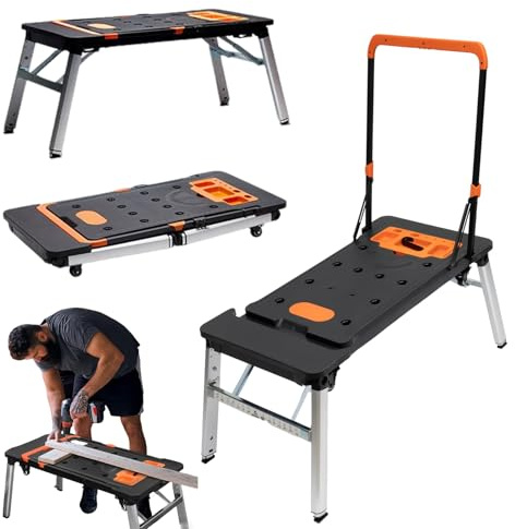 Banco de Trabajo Plegable, Plataforma de Trabajo portátil 7 en 1 con Ruedas, Altura Ajustable y Capacidad de Carga de 250 kg, para andamio de Garaje doméstico, Carretilla de Mano con Caballete