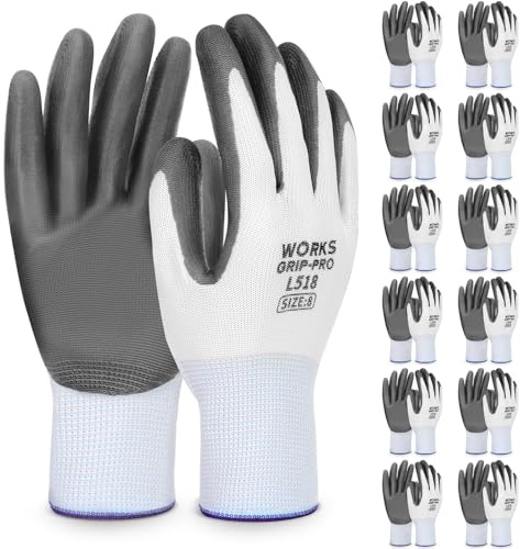 saerryor 12 Pairs Safety Work Gloves, White Nitrile Coated Gardening Construction Working Gloves for Builder Construction Garden Engineering Logistics Warehouse Assembly Utilities Public Work (M-8)